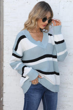 Trendsi Color Block V-Neck Dropped Shoulder Sweater