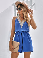 Trendsi Contrast Belted Sleeveless Romper with Pockets