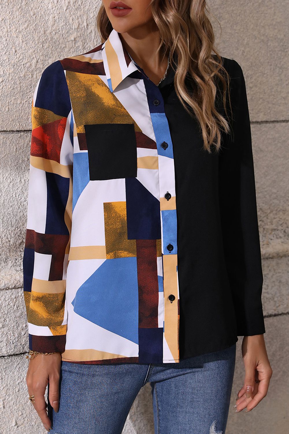 Contrast Printed Long Sleeve Collared Neck Shirt