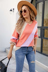 Trendsi Coral / S Color Block Ribbed Round Neck Sweater