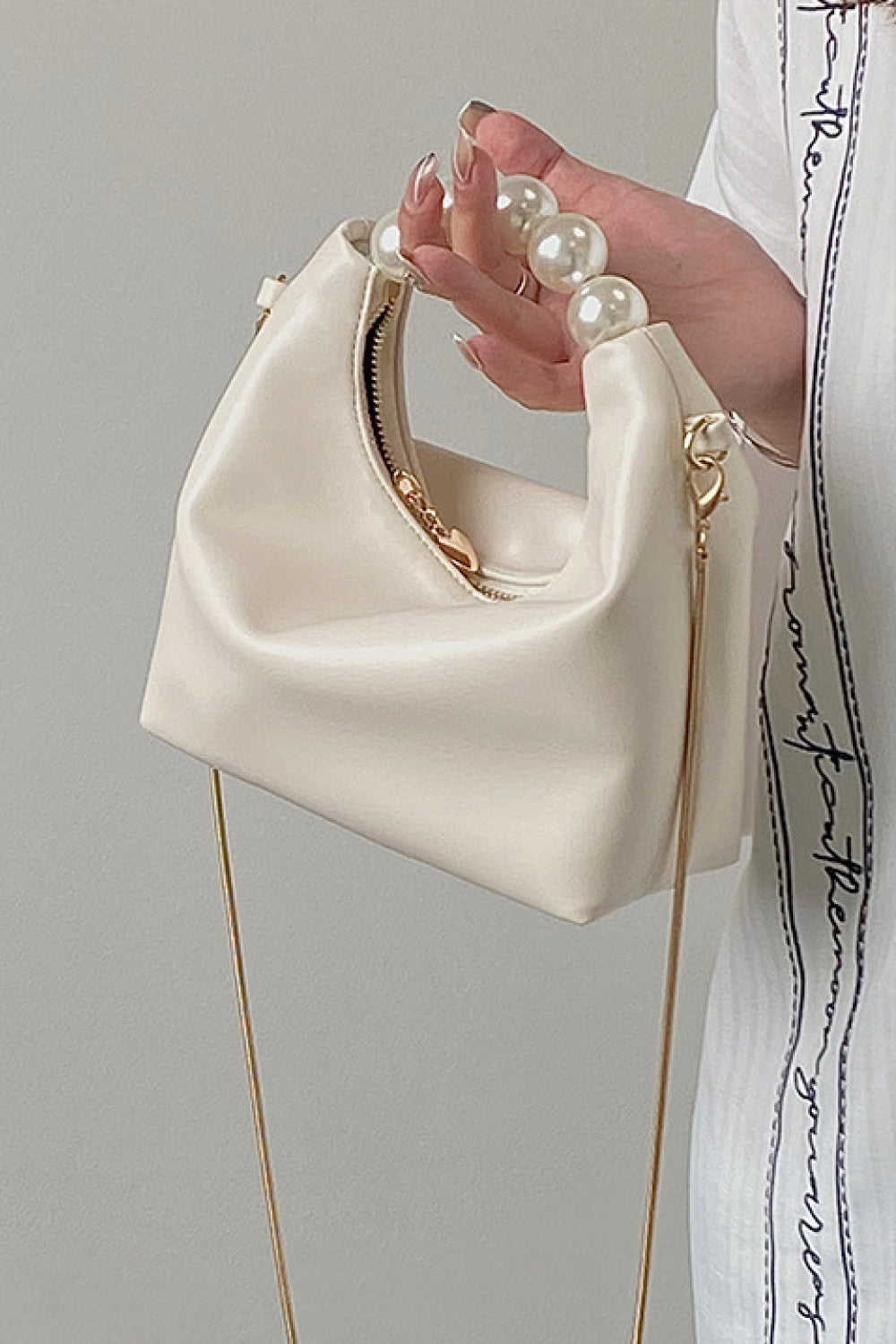 Trendsi Cream / One Size Baeful PU Leather Pearl Handbag