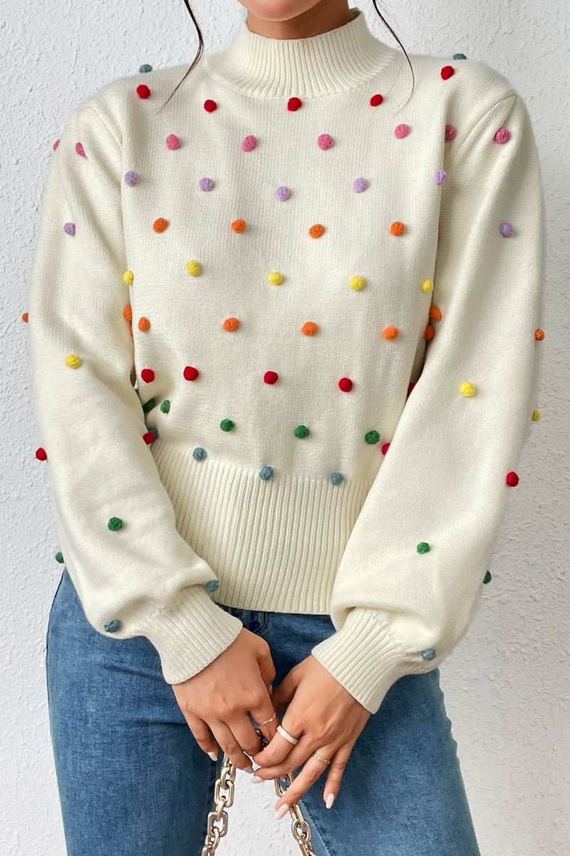 Trendsi Cream / S Pom-Pom Trim Mock Neck Long Sleeve Pullover Sweater