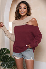 Trendsi Deep Red / S Asymmetrical Long Sleeve Two-Tone Cutout Sweater