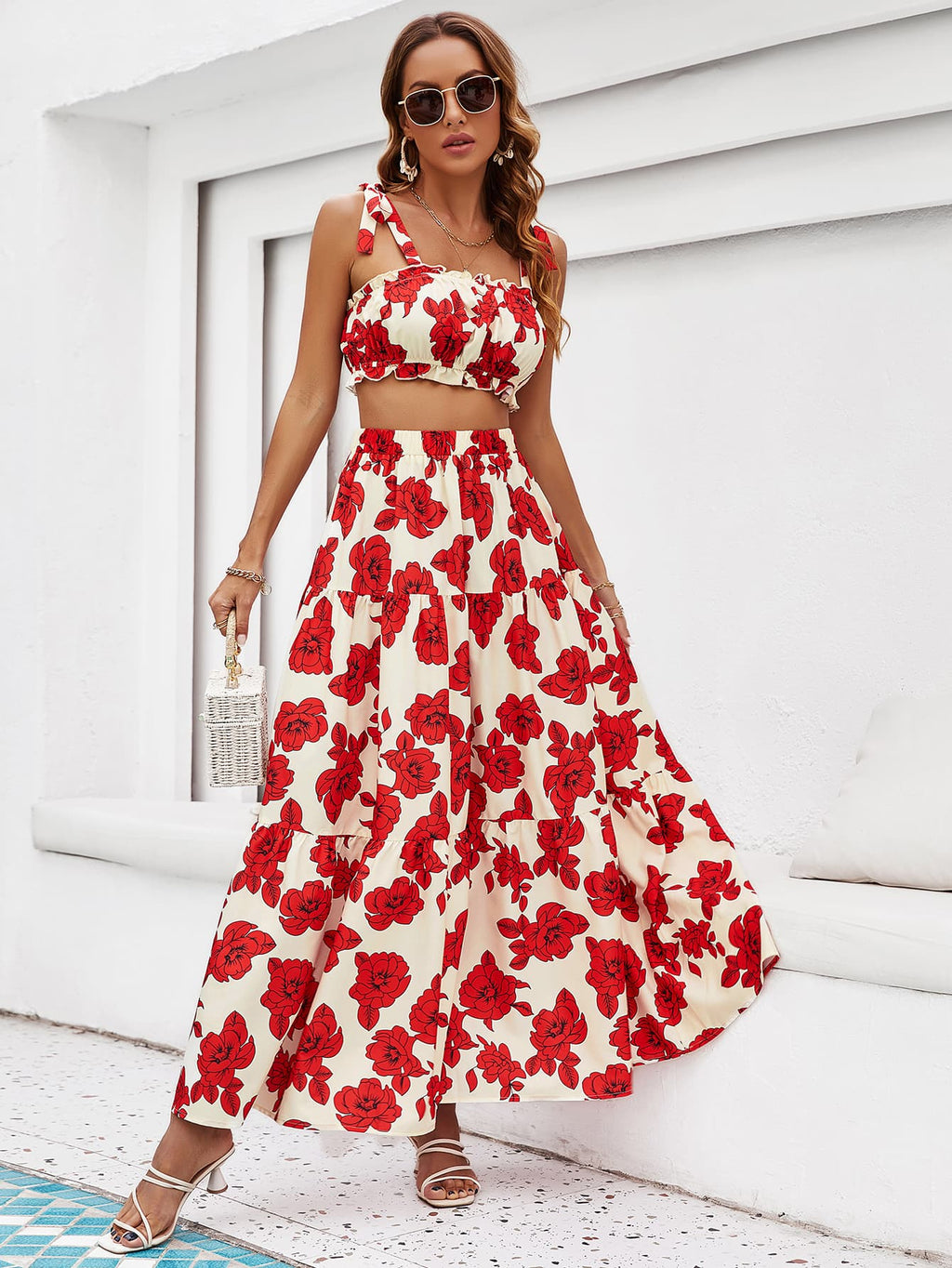 Trendsi Deep Red / S Floral Tie Shoulder Top and Tiered Maxi Skirt Set