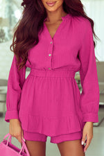 Trendsi Deep Rose / S Buttoned Notched Neck Long Sleeve Romper