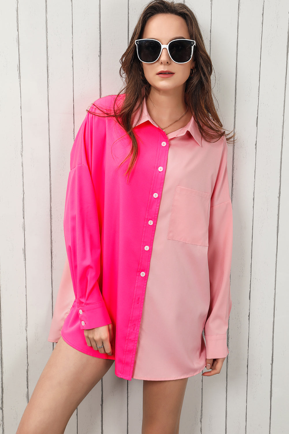 Trendsi Double Take Color Block Collared Longline Shirt