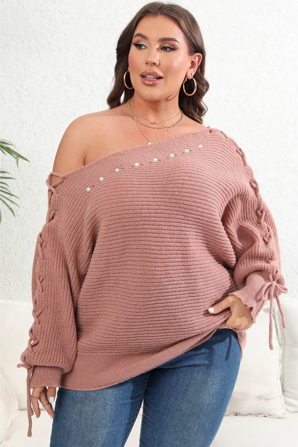 Trendsi Dusty Pink / 1XL Plus Size One Shoulder Beaded Sweater