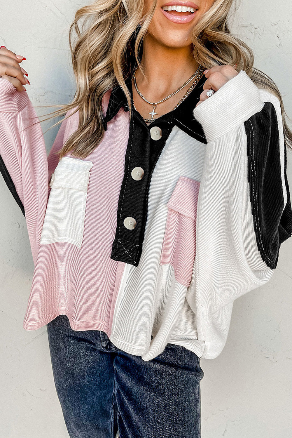 Trendsi Dusty Pink / S Multicolor Button-Down Long Sleeve Blouse