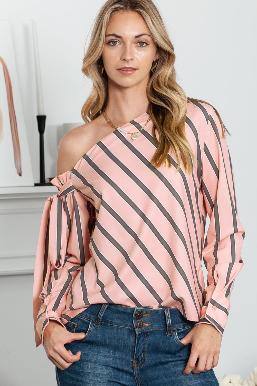 Trendsi Dusty Pink / S Striped Asymmetrical Long Sleeve Blouse