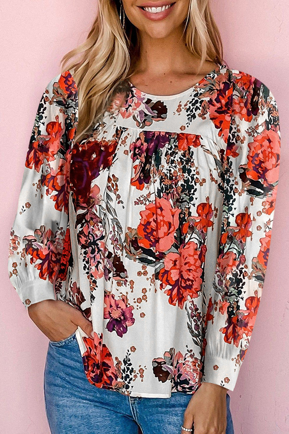 Trendsi Floral / S Floral Print Round Neck Long Sleeve Blouse