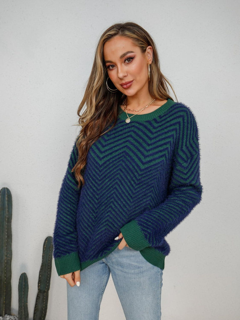 Trendsi French Blue / S Round Neck Long Sleeve Sweater