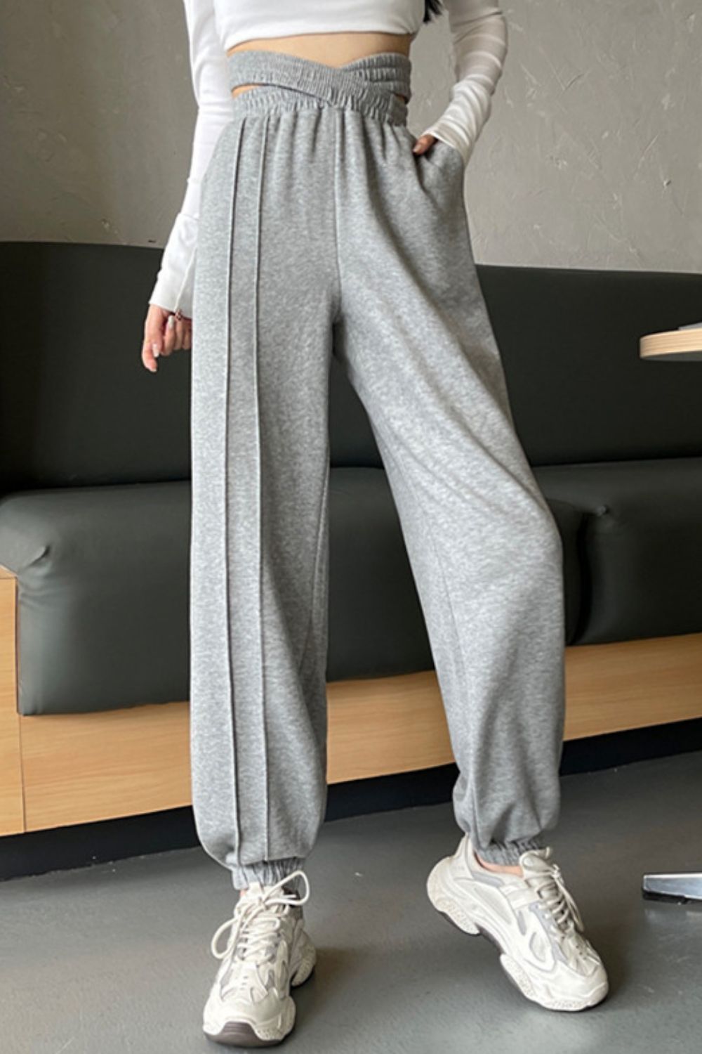 Trendsi Gray Dawn / One Size Crisscross Long Sweatpants