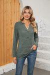 Trendsi Green / S Notched Neck Long Sleeve T-Shirt