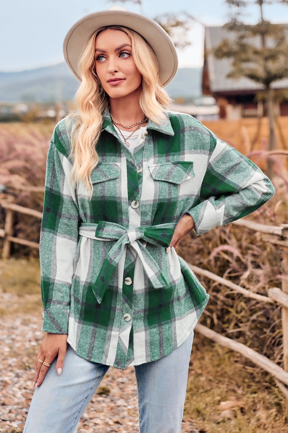 Trendsi Green / S Plaid Collared Neck Bow Front Long Sleeve Jacket