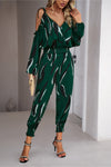 Trendsi Green / S Printed Cold-Shoulder Surplice Neck Jumpsuit