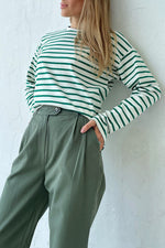 Trendsi Green / S Round Neck Striped Dropped Shoulder T-Shirt