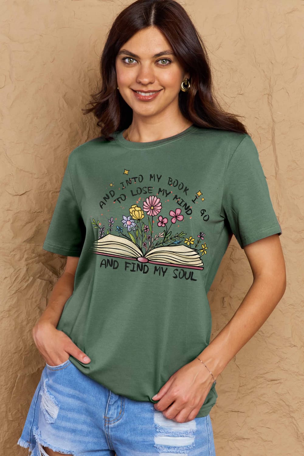 Full Size Book & Flower Graphic Cotton Tee
