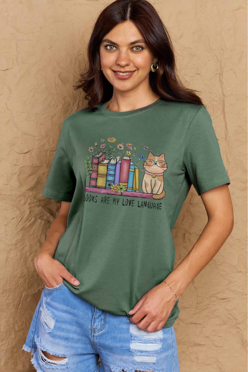 Trendsi Green / S Simply Love Full Size BOOKS ARE MY LOVE LANGUAGE Graphic Cotton Tee
