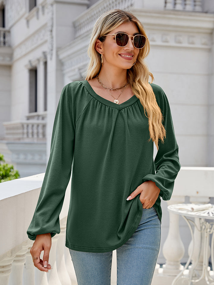Trendsi Green / S V-Neck Long Sleeve Blouse
