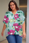 Trendsi Gum Leaf / 1X Plus Size Printed Notched Neck Half Sleeve Top