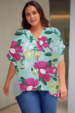 Trendsi Gum Leaf / 1X Plus Size Printed Notched Neck Half Sleeve Top