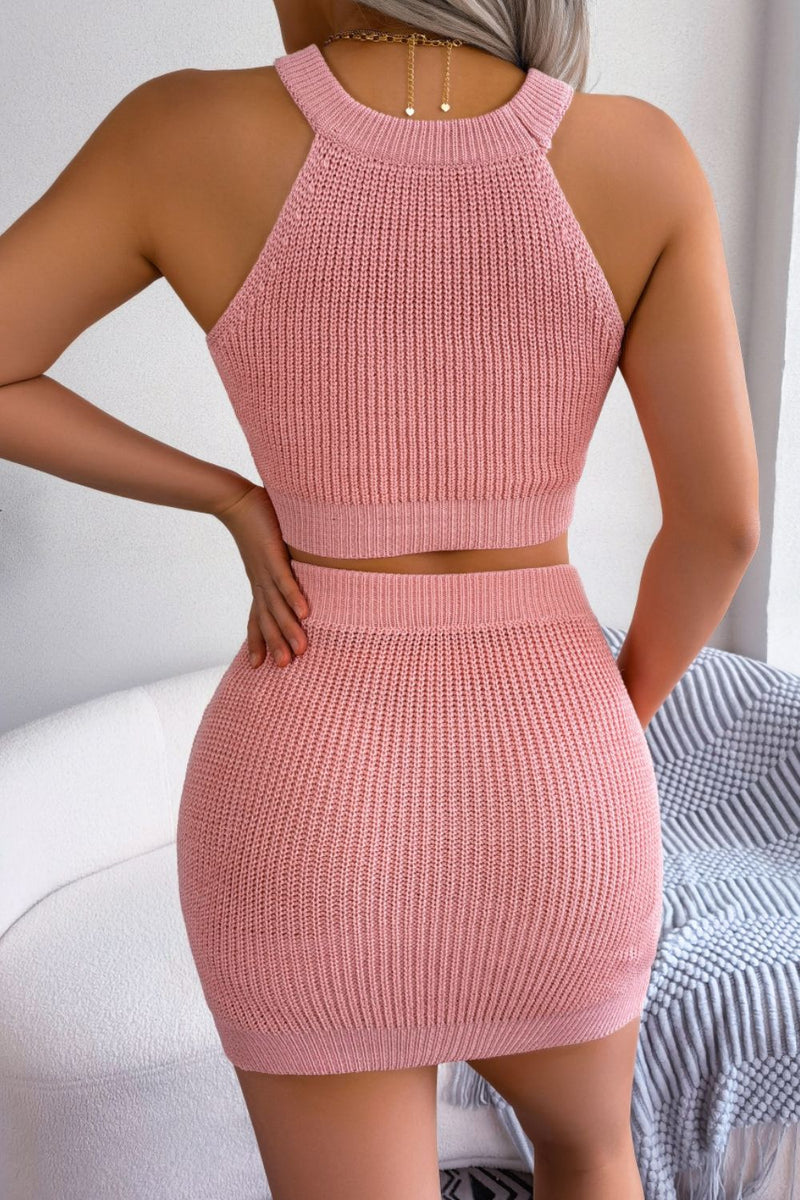 Trendsi Heart Contrast Ribbed Sleeveless Knit Top and Skirt Set