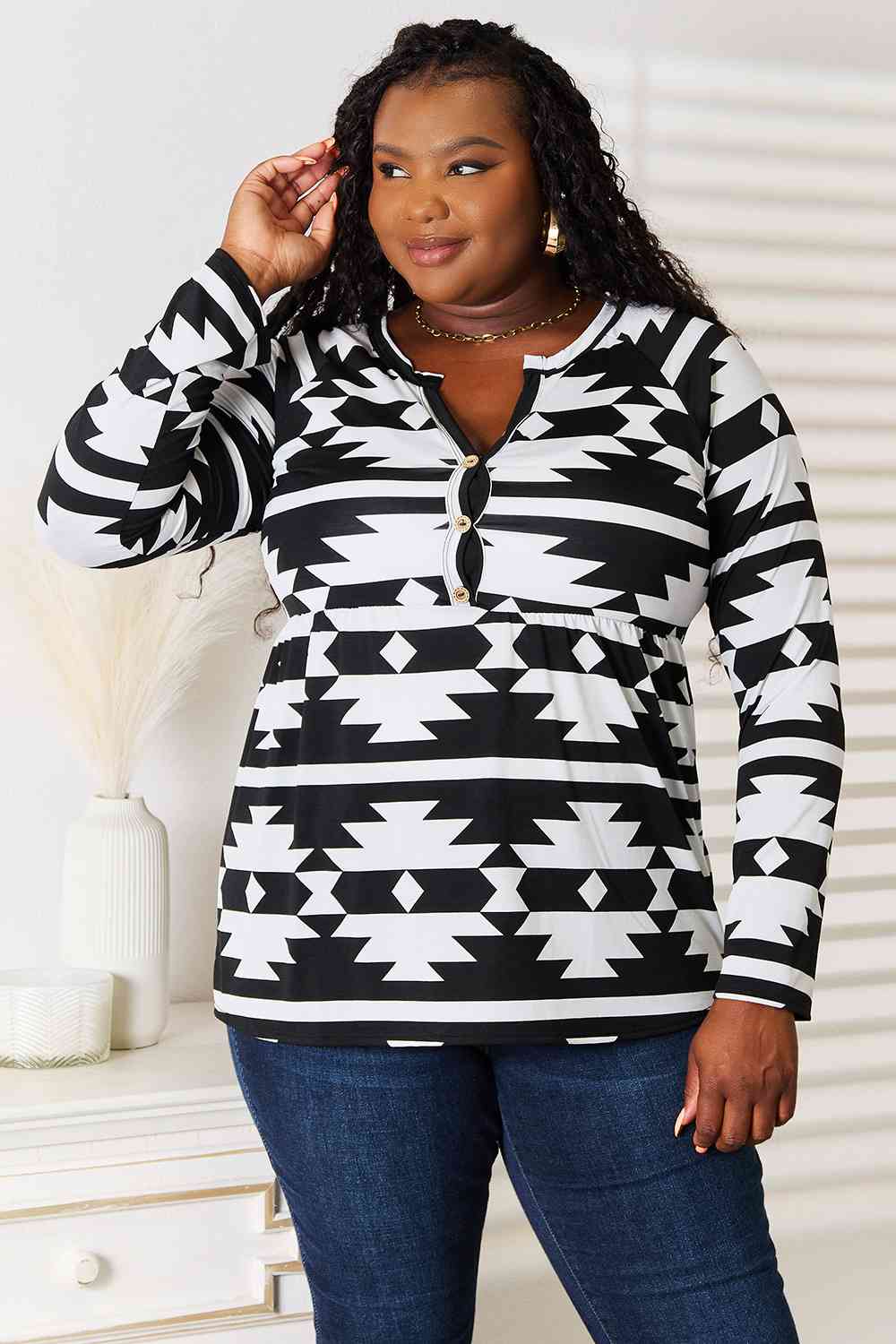 Full Size Geometric Notched Neck Long Sleeve Top