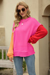 Trendsi Hot Pink / S Color Block Round Neck Dropped Shoulder Sweater