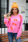 Trendsi Hot Pink / S Printed Round Neck Long Sleeve Fuzzy Sweater