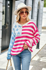 Trendsi Hot Pink / S Round Neck US Flag Dropped Shoulder Sweater