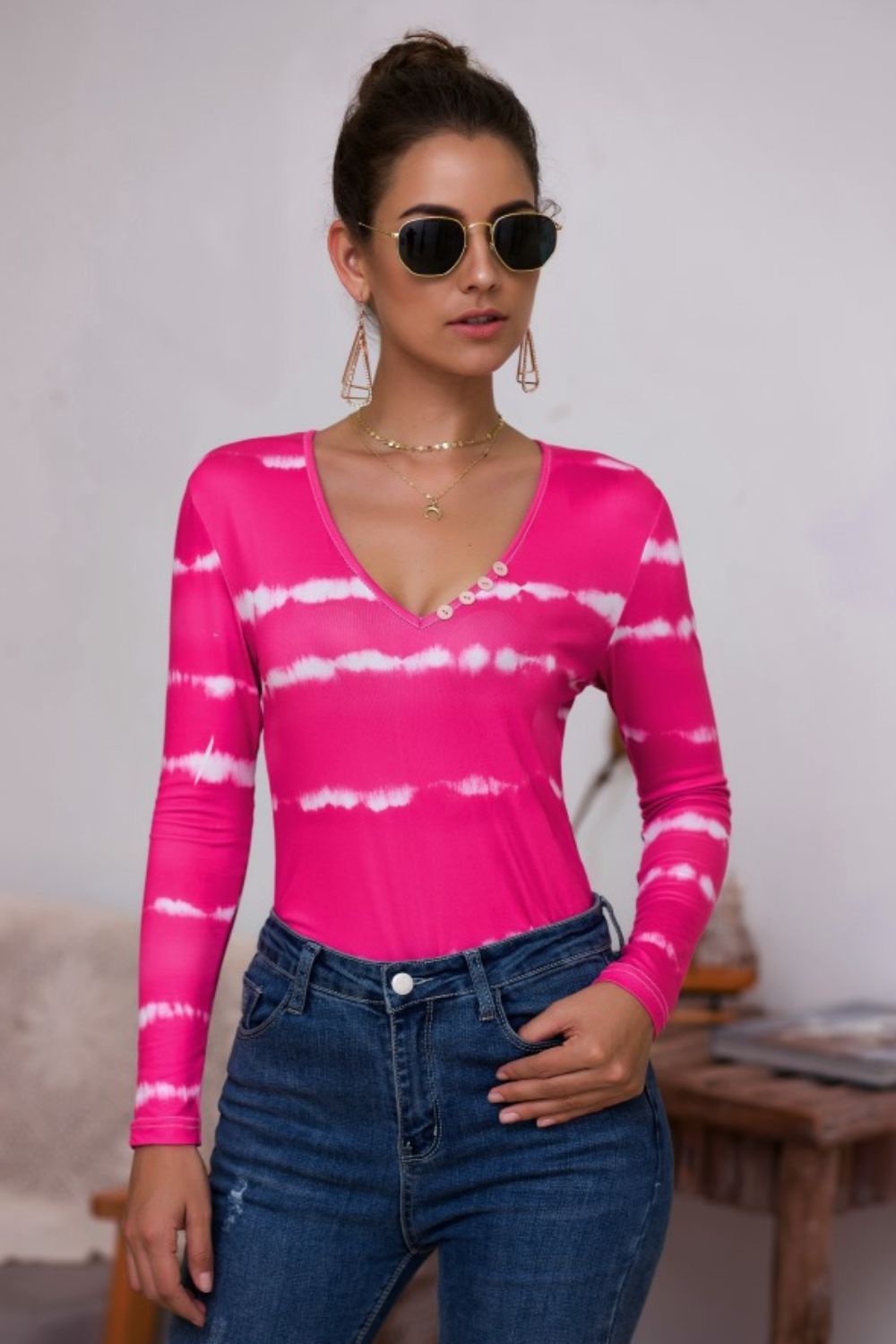 Trendsi Hot Pink / S Tie-Dye Plunge Long Sleeve Top