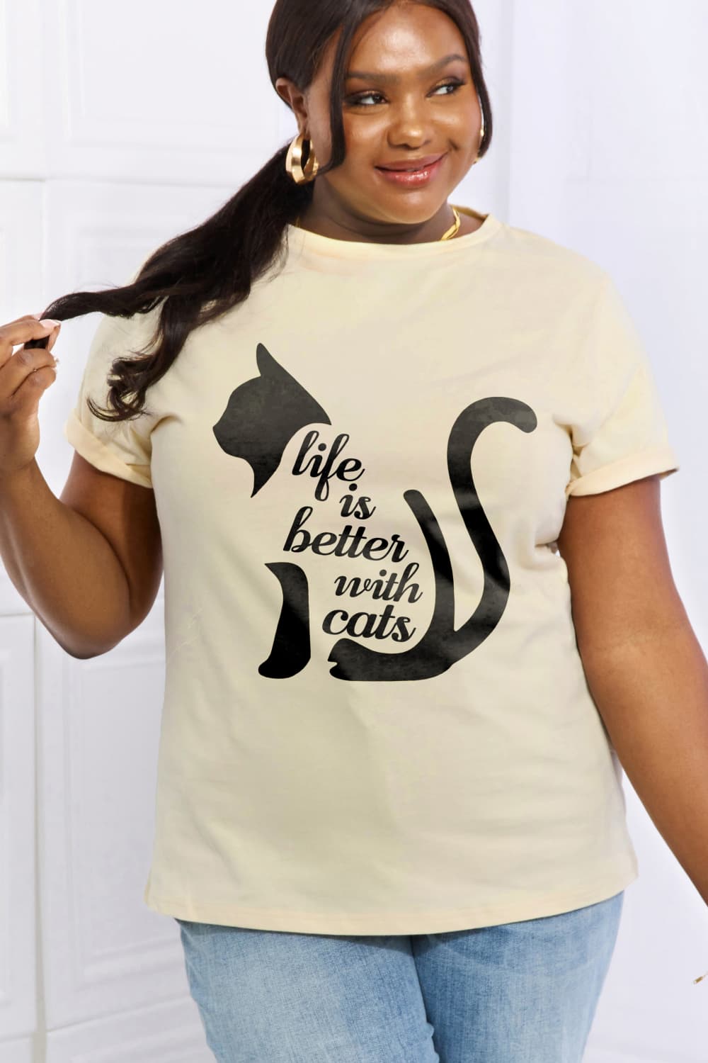 Trendsi Ivory / S Simply Love Simply Love Full Size LIFE IS BETTER WITH CATS Graphic Cotton Tee