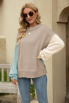 Trendsi Khaki / S Color Block Round Neck Dropped Shoulder Sweater