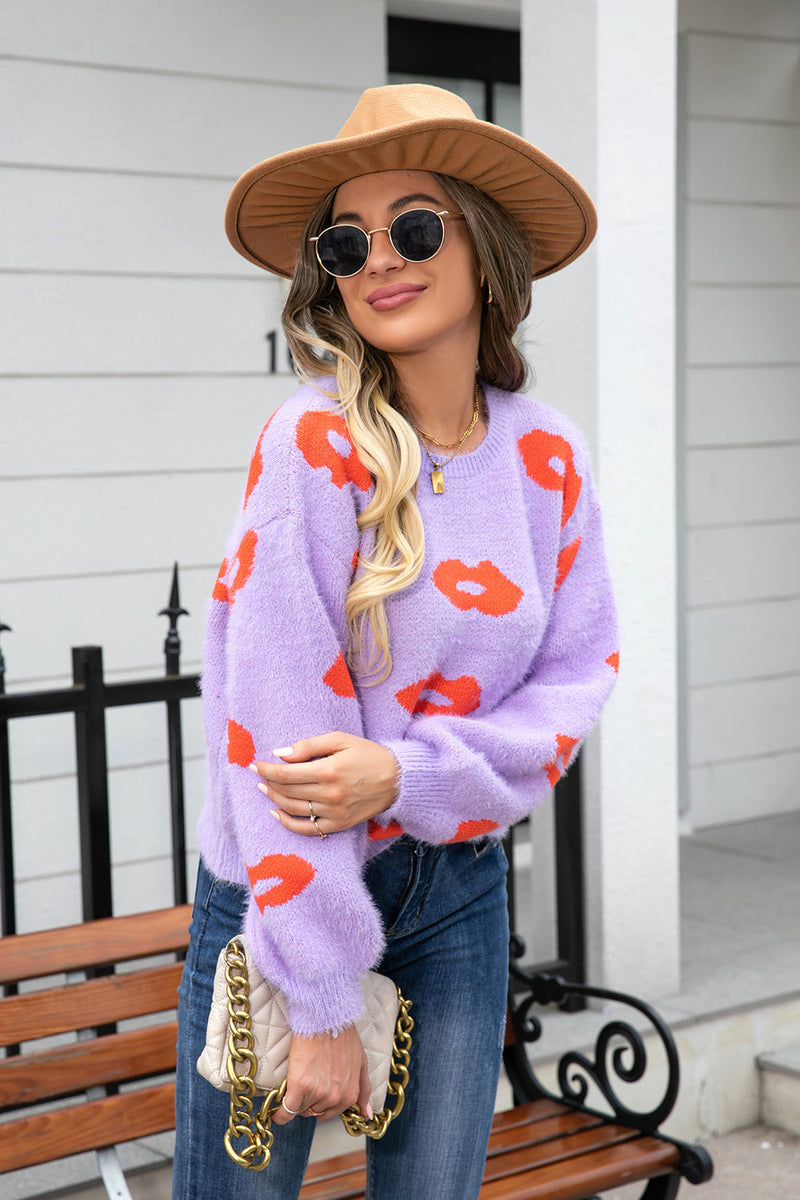 Trendsi Lavender / S Printed Round Neck Long Sleeve Fuzzy Sweater