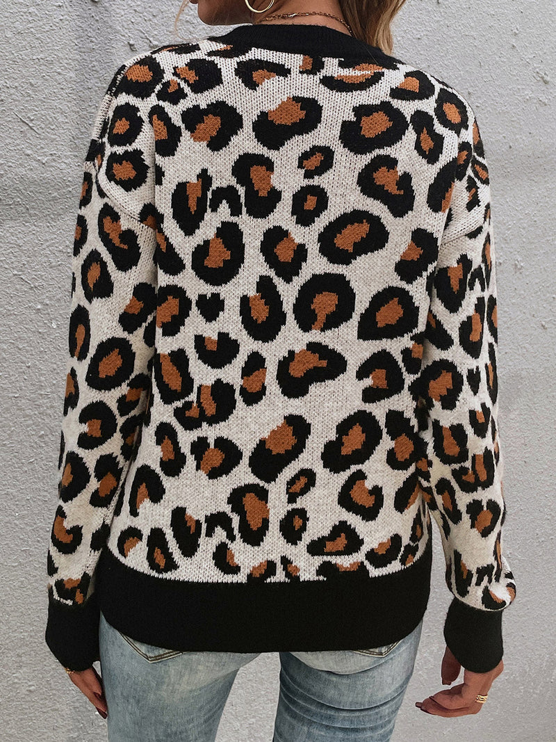 Trendsi Leopard Round Neck Dropped Shoulder Sweater