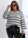 Trendsi Light Gray / 0XL Plus Size Striped Dropped Shoulder Sweater