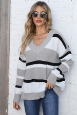 Trendsi Light Gray / One Size Color Block V-Neck Dropped Shoulder Sweater