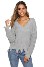 Trendsi Light Gray / S Off-Shoulder Ribbed Long Sleeve Raw Hem Sweater