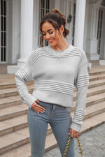 Trendsi Light Gray / S Round Neck Openwork Long Sleeve Pullover Sweater