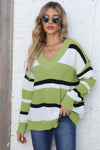 Trendsi Lime / One Size Color Block V-Neck Dropped Shoulder Sweater