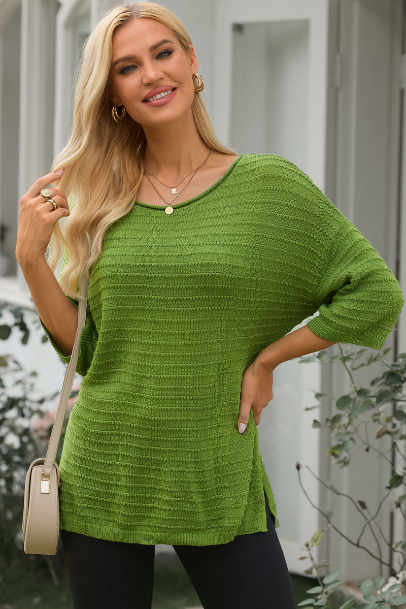 Trendsi Matcha Green / S Round Neck Dropped Shoulder Side Slit Pullover Sweater