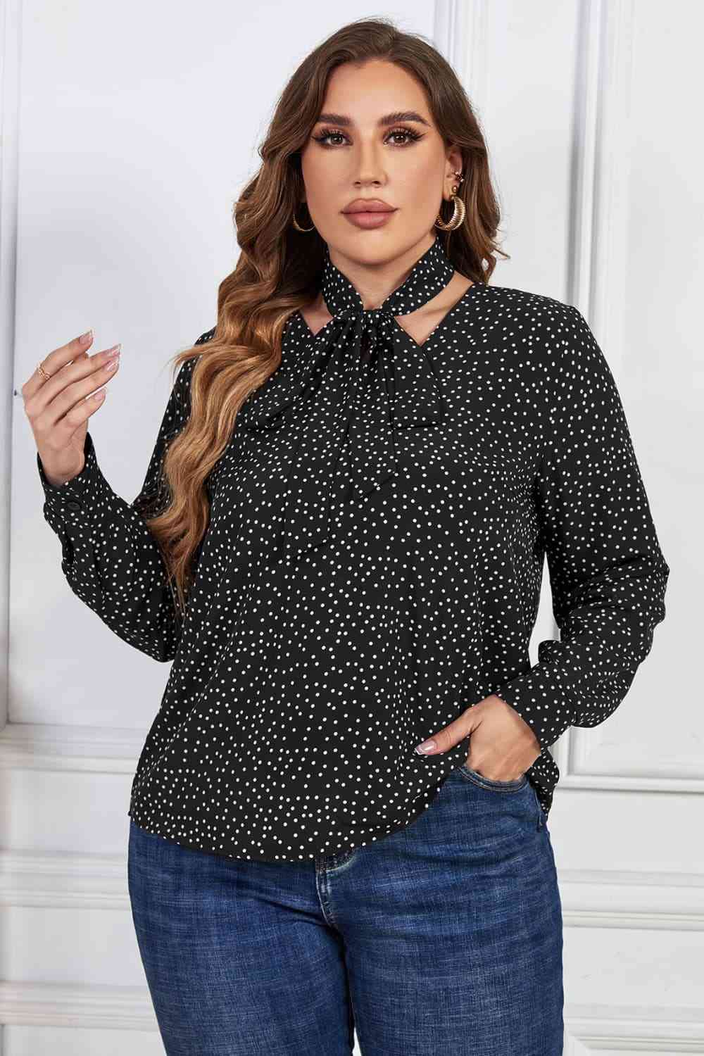 Trendsi Melo Apparel Plus Size Printed Tie Neck Long Sleeve Blouse