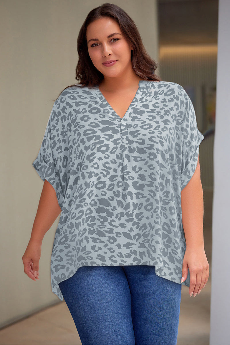 Trendsi Mid Gray / 1X Plus Size Printed Notched Neck Half Sleeve Top