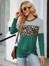 Trendsi Mid Green / S Color Block Round Neck Long Sleeve Blouse