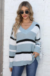 Trendsi Misty  Blue / One Size Color Block V-Neck Dropped Shoulder Sweater