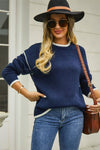 Trendsi Navy / S Round Neck Long Sleeve Waffle-Knit Sweater