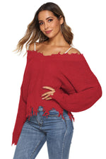 Trendsi Off-Shoulder Ribbed Long Sleeve Raw Hem Sweater