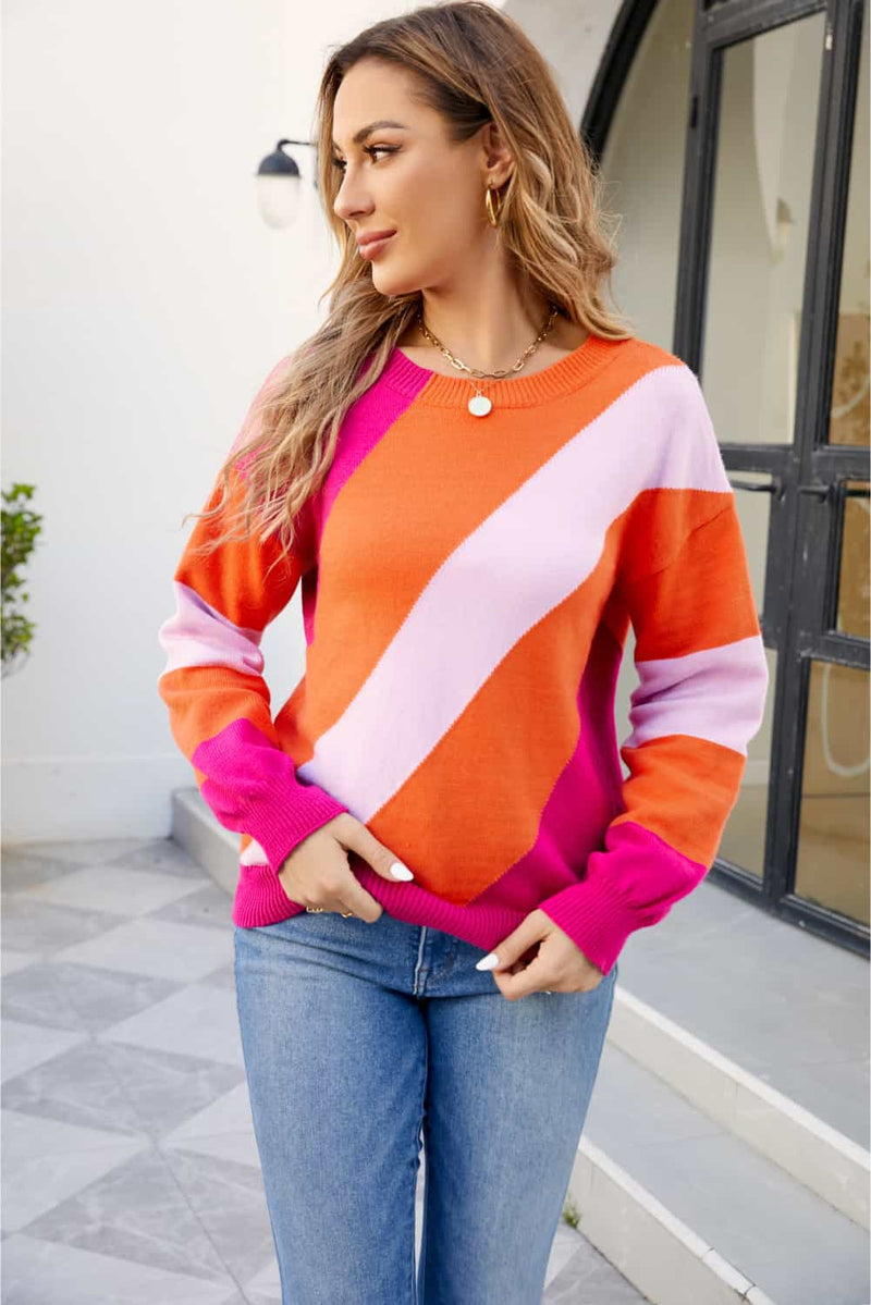 Trendsi Orange / S Color Block Ribbed Round Neck Sweater