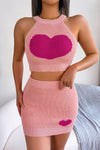 Trendsi Peach / S Heart Contrast Ribbed Sleeveless Knit Top and Skirt Set