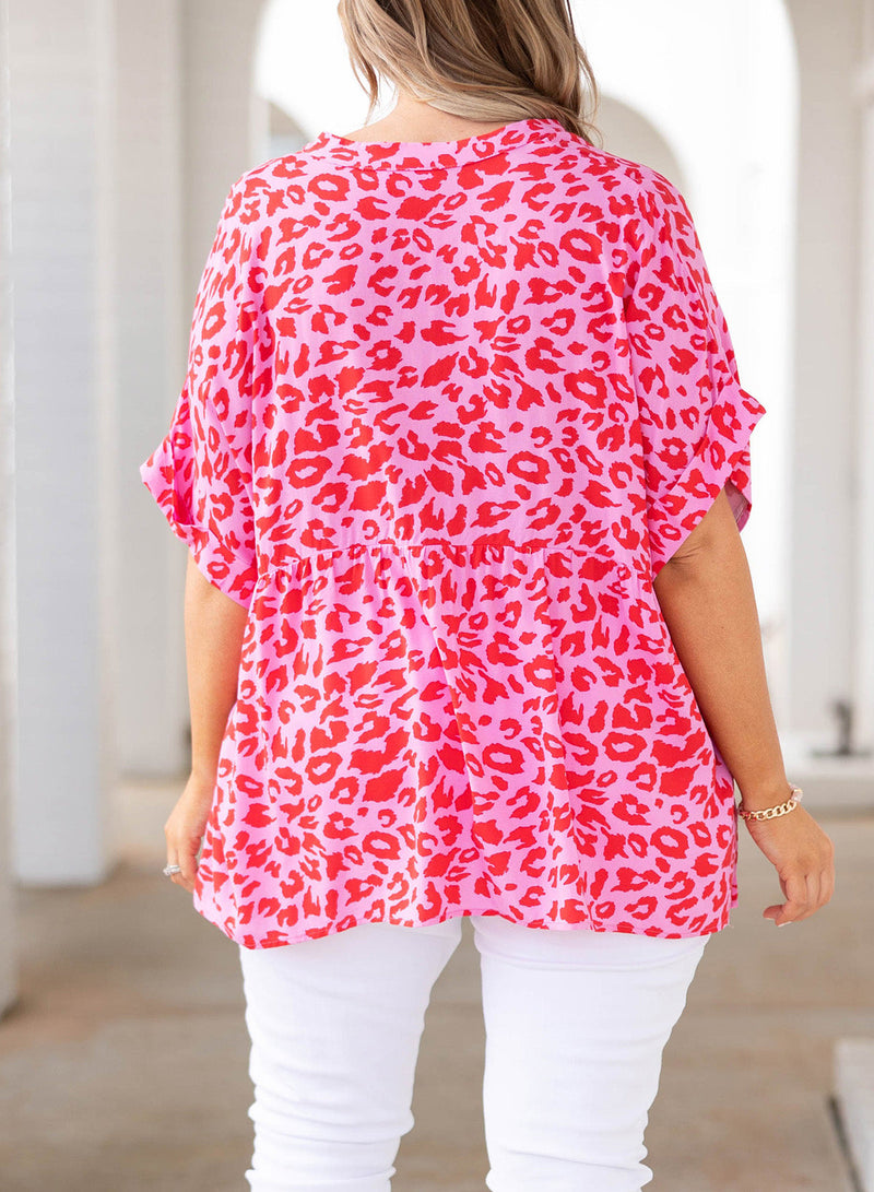Trendsi Plus Size Printed Notched Neck Half Sleeve Top